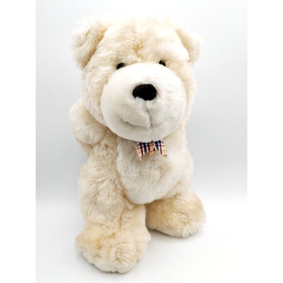 Zellers Beige Teddy Bear Plush w/Plaid Bow Standing w/Hands behind Back 14" - Picture 1 of 5